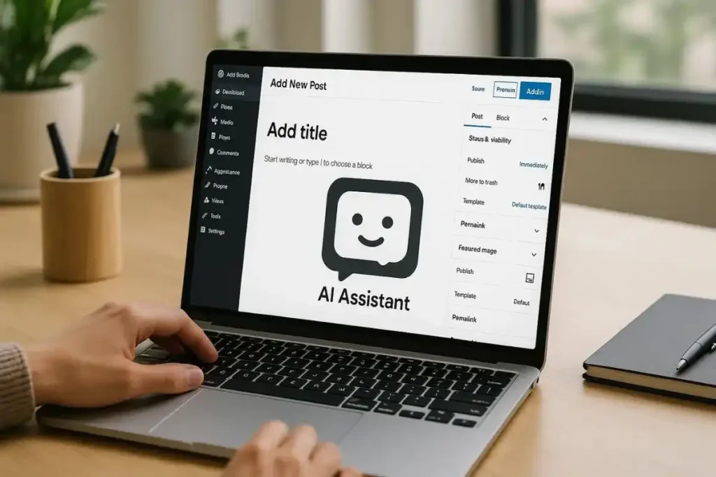 A modern workspace with a laptop displaying a content management system (like WordPress), while an AI assistant helps format and write content.
