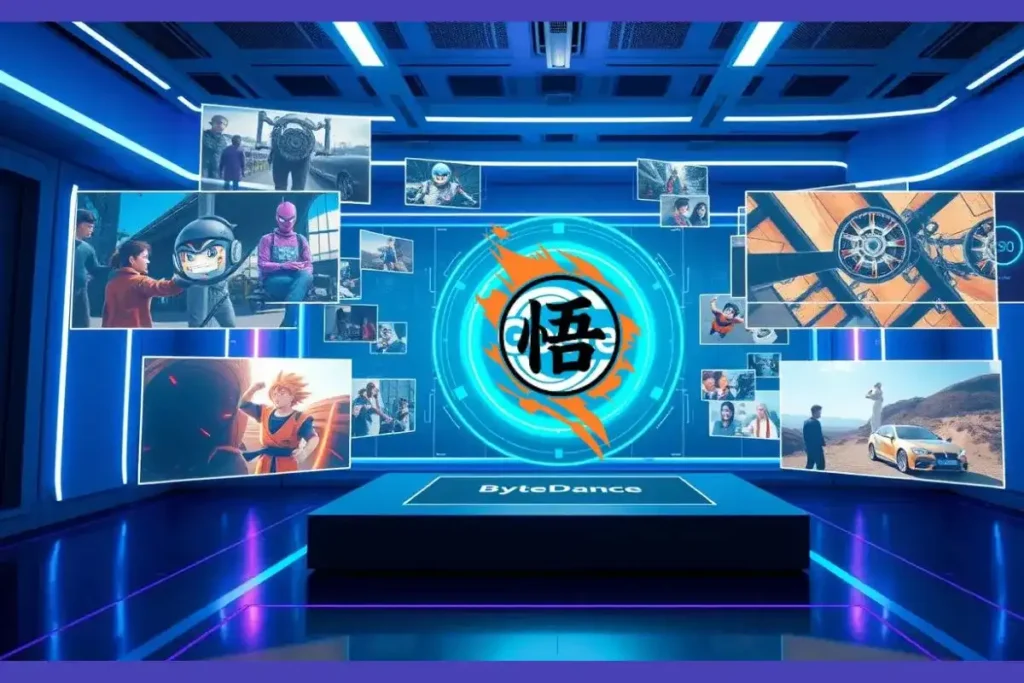 A futuristic digital interface showcasing ByteDance Goku generating high-quality video scenes with holographic elements, symbolizing AI innovation in video production.