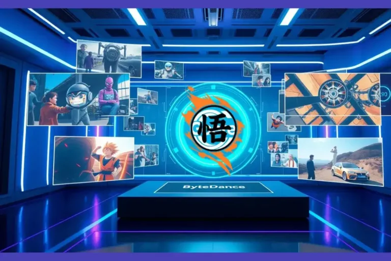 A futuristic digital interface showcasing ByteDance Goku generating high-quality video scenes with holographic elements, symbolizing AI innovation in video production.