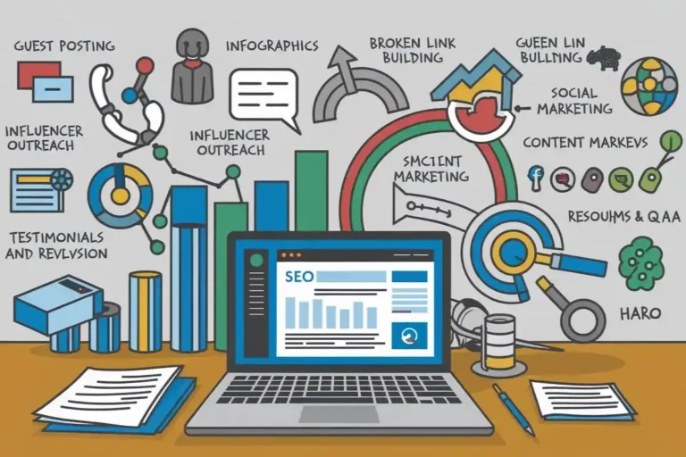 Illustration of backlink building techniques for SEO, including guest posts, infographics, influencer outreach, and content marketing strategies.