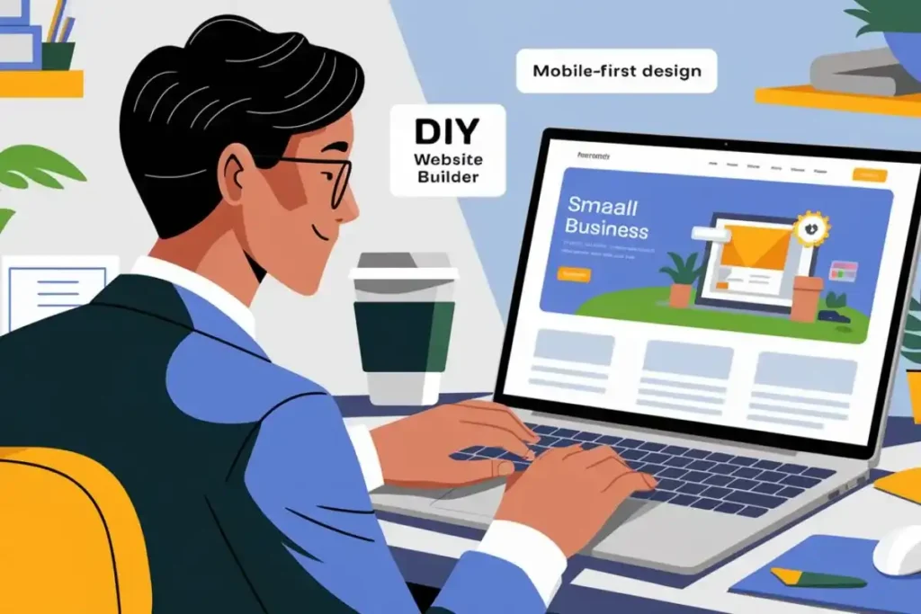 Small business owner designing a responsive website on a laptop in a modern, minimalistic office setting with soft colors and 2025 web design trends.