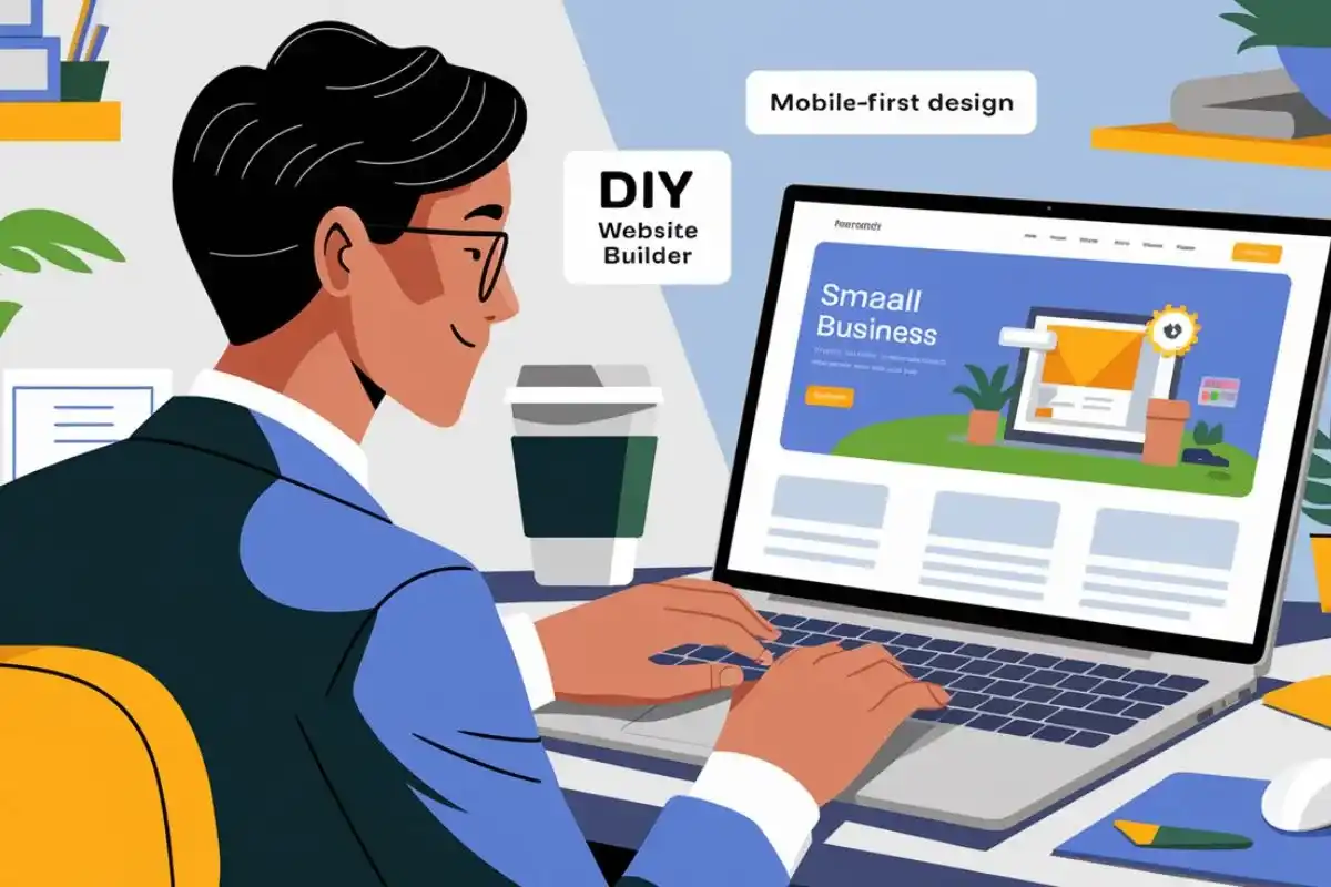 Small business owner designing a responsive website on a laptop in a modern, minimalistic office setting with soft colors and 2025 web design trends.