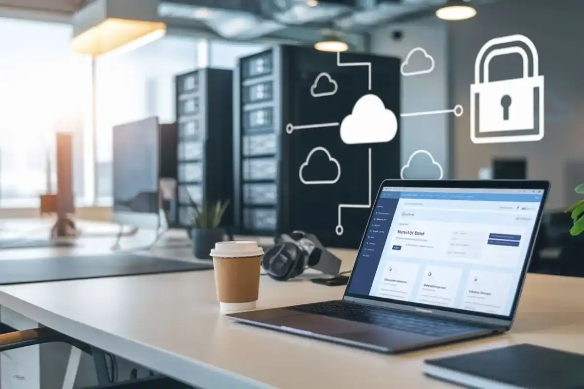 Modern office workspace with laptop, coffee cup, server, cloud icons, and digital security symbols, representing web hosting concepts.
