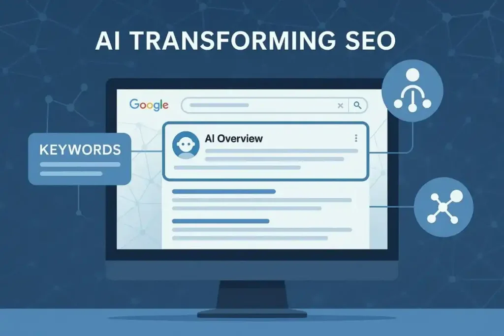 Illustration of a computer screen showing how AI Overviews is Transforming SEO Search Results