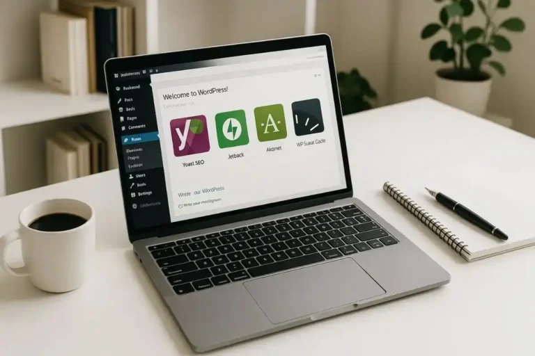 A blogger’s workspace with a laptop displaying the WordPress dashboard and plugin icons like Yoast SEO, Jetpack, and Akismet, with a notepad and coffee cup beside it.