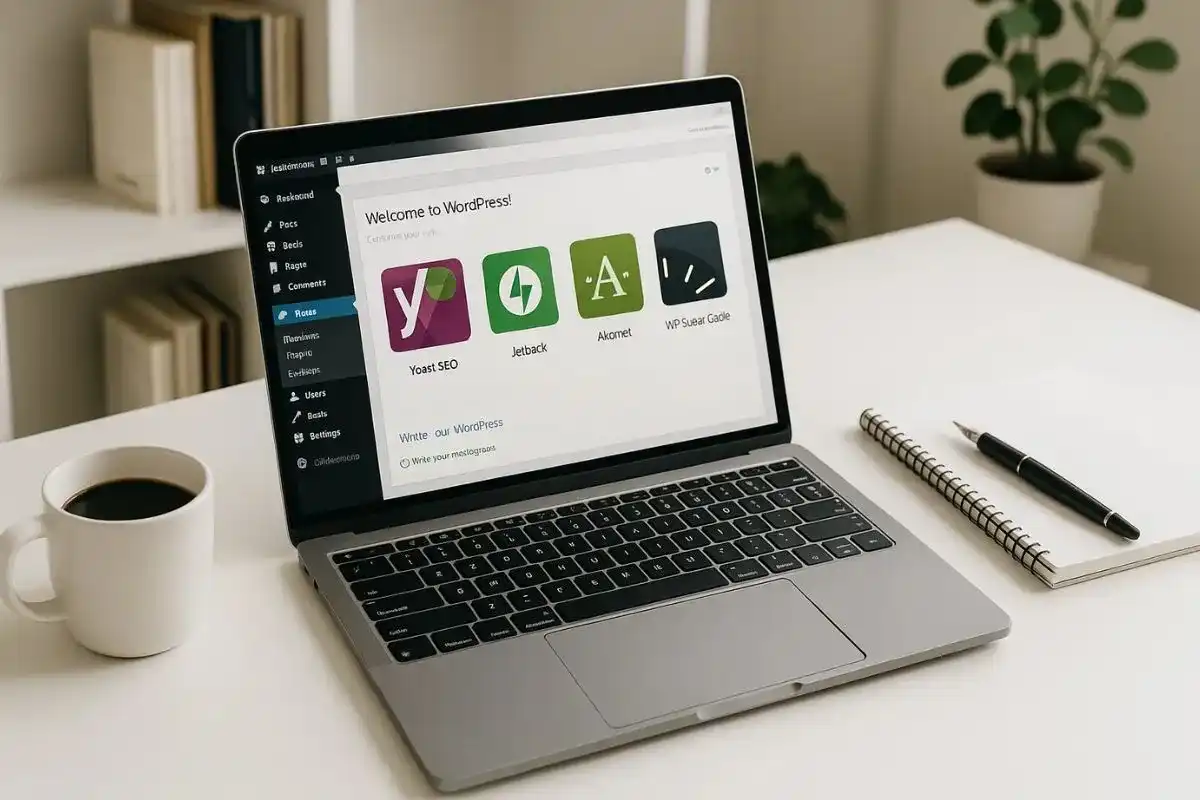 A blogger’s workspace with a laptop displaying the WordPress dashboard and plugin icons like Yoast SEO, Jetpack, and Akismet, with a notepad and coffee cup beside it.