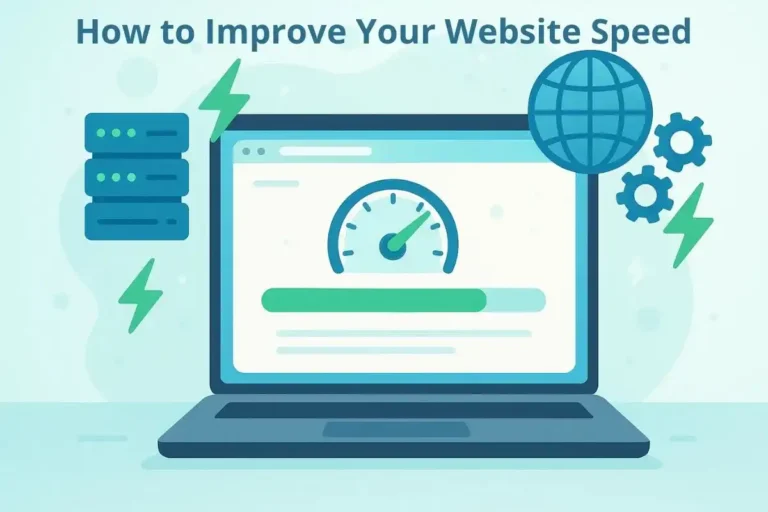Laptop displaying a fast-loading website with speedometer and global server icons illustrating website speed optimization.