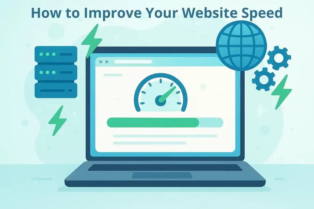 Laptop displaying a fast-loading website with speedometer and global server icons illustrating website speed optimization.