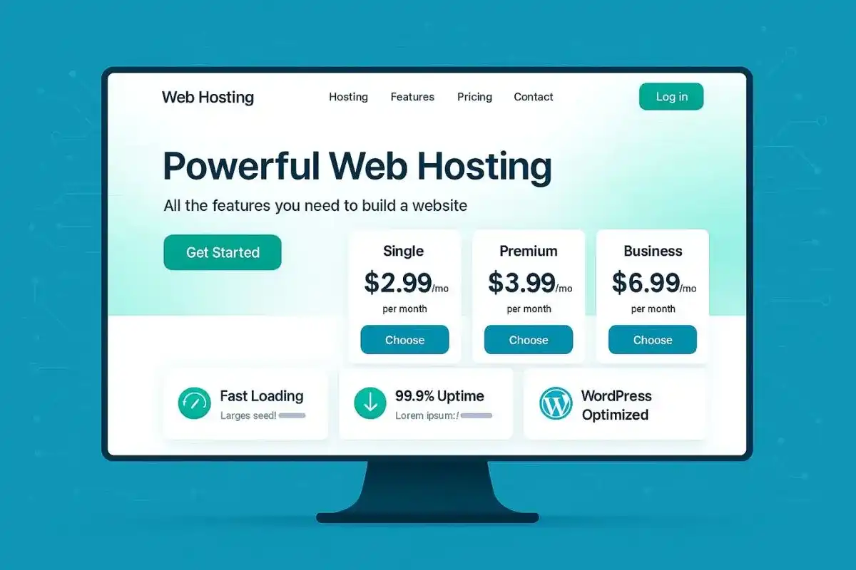 Hostinger website homepage showing hosting plans and key features on a laptop screen