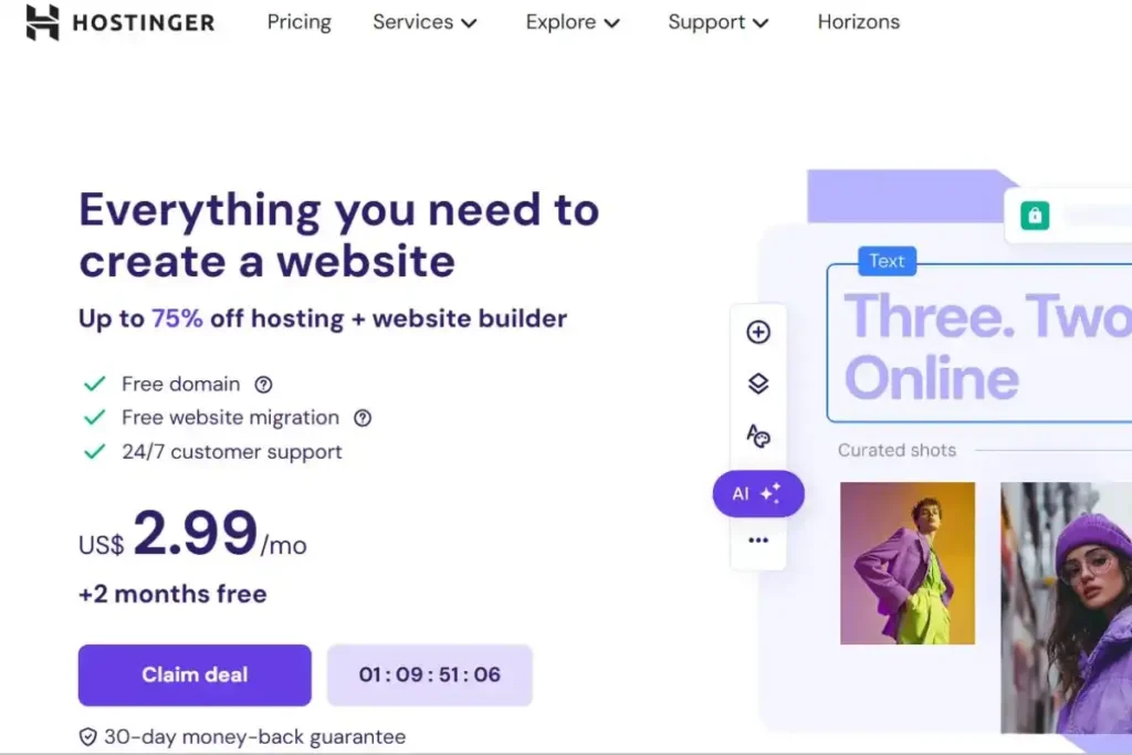 Hostinger homepage showcasing web hosting plans and features