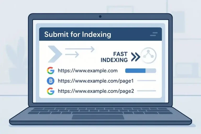 Digital illustration of a laptop with a website indexing tool sending URLs to multiple search engines, symbolizing rapid SEO indexing.