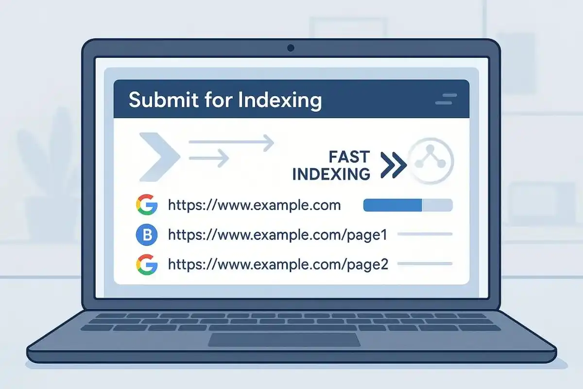 Digital illustration of a laptop with a website indexing tool sending URLs to multiple search engines, symbolizing rapid SEO indexing.