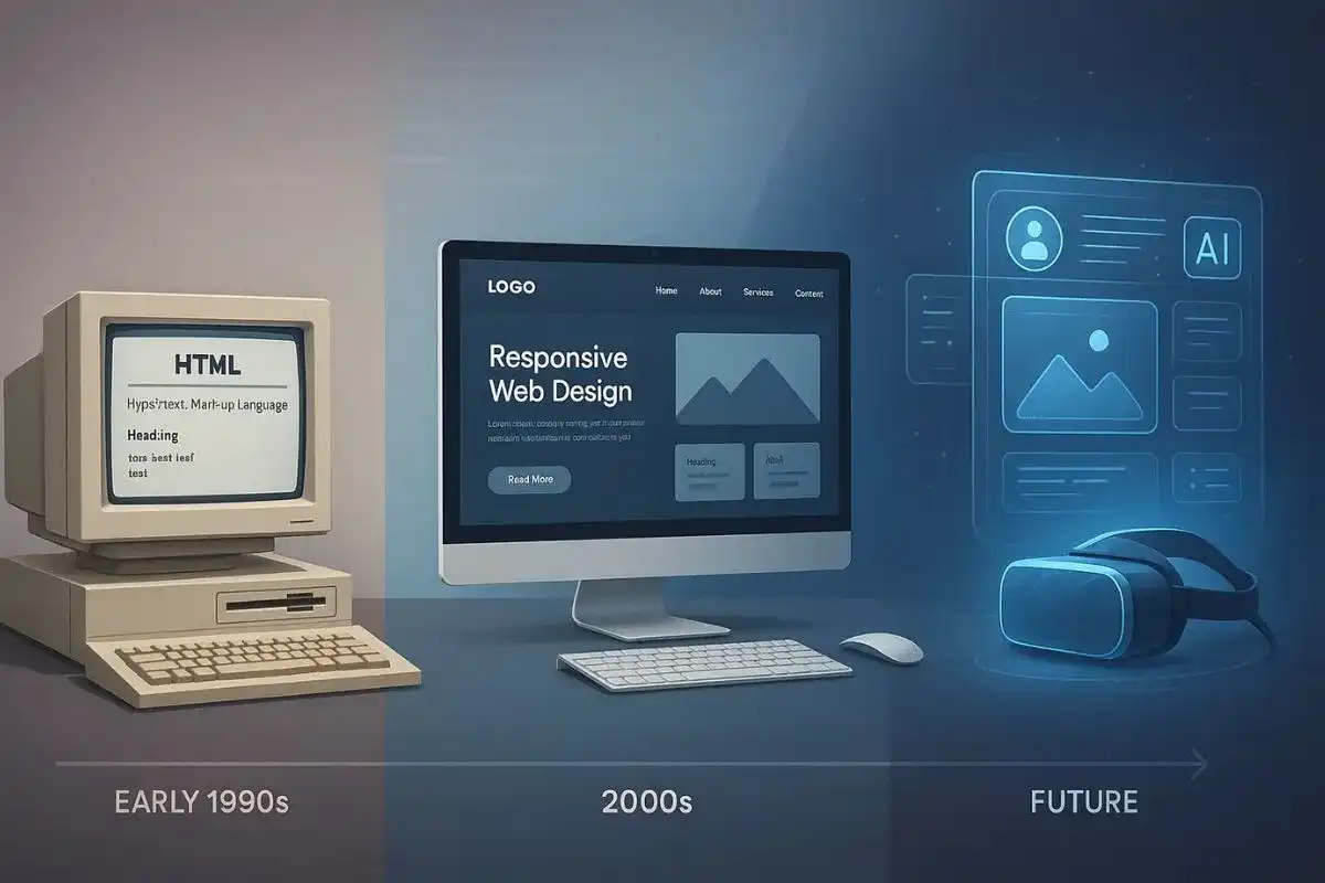 A timeline illustration of web design evolution from basic 1990s HTML sites to futuristic AI-powered interfaces with VR integration.