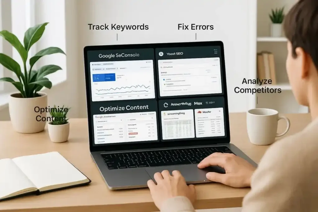 A person using a laptop with multiple beginner-friendly SEO tools displayed, including Google Search Console, Keyword Planner, Yoast SEO, and SEMrush, in a bright modern home office.