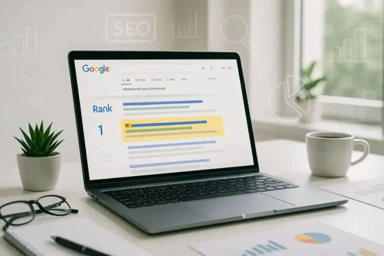 Laptop screen showing a website visibility first on Google with SEO tools and analytics icons in the background