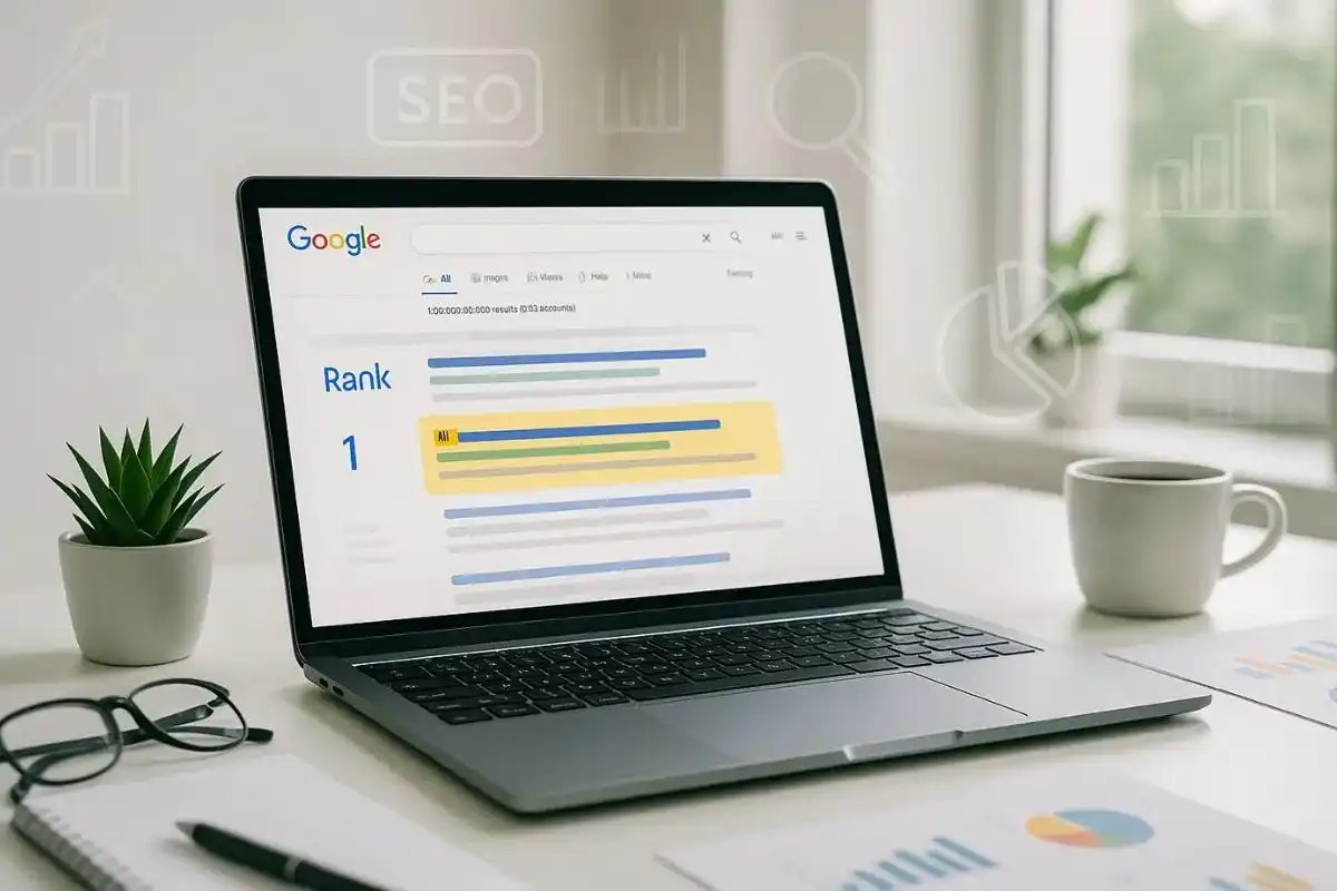 Laptop screen showing a website visibility first on Google with SEO tools and analytics icons in the background