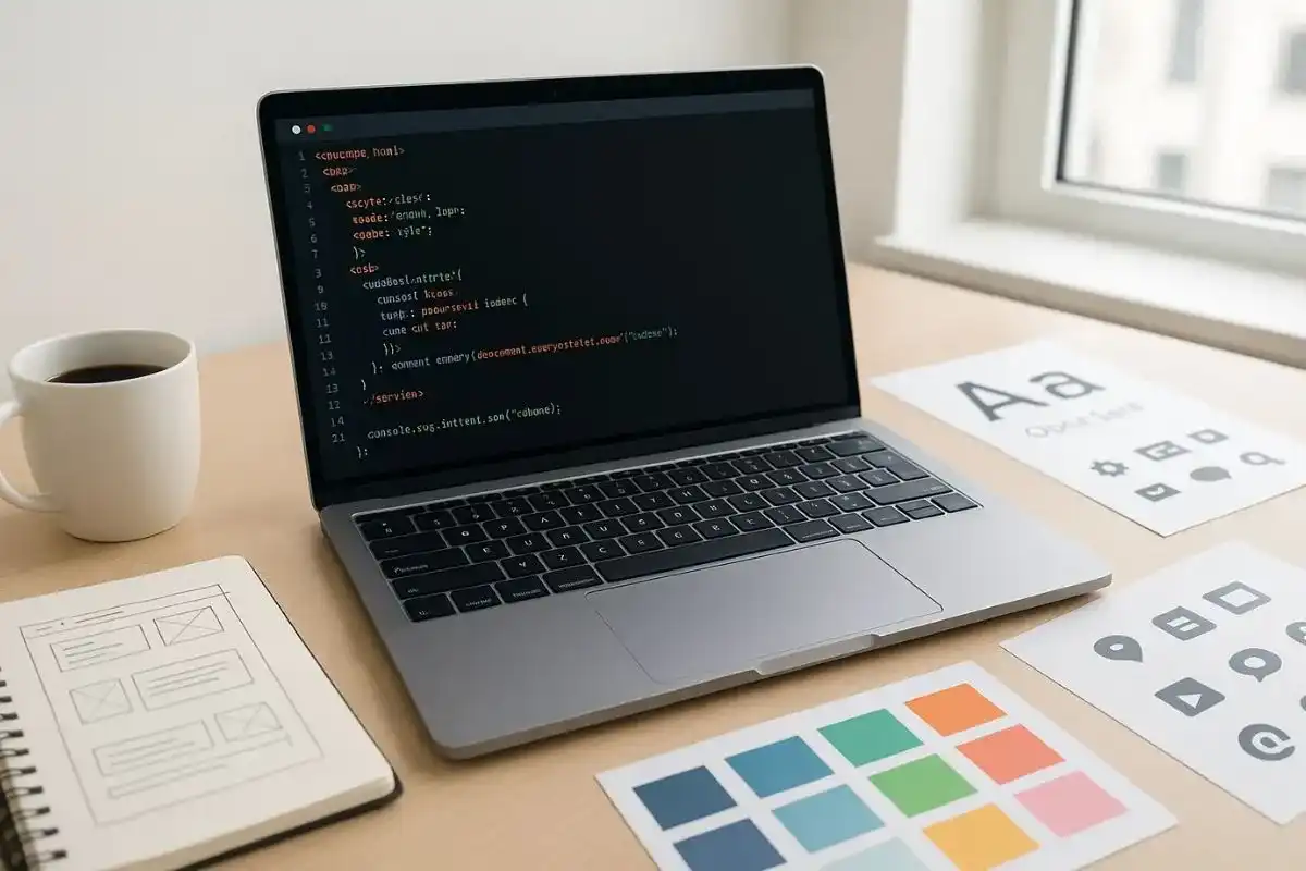 Modern workspace with laptop showing HTML, CSS, and JavaScript code, color swatches, font samples, and web design sketches for website developers.