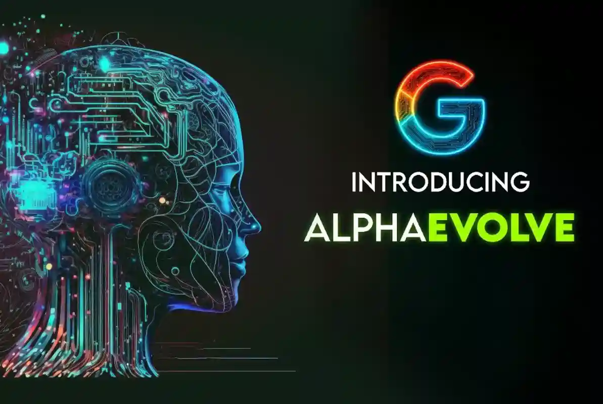 A futuristic visualization of Google's hypothetical AlphaEvolve system, showcasing AI-driven evolutionary processes and data patterns.