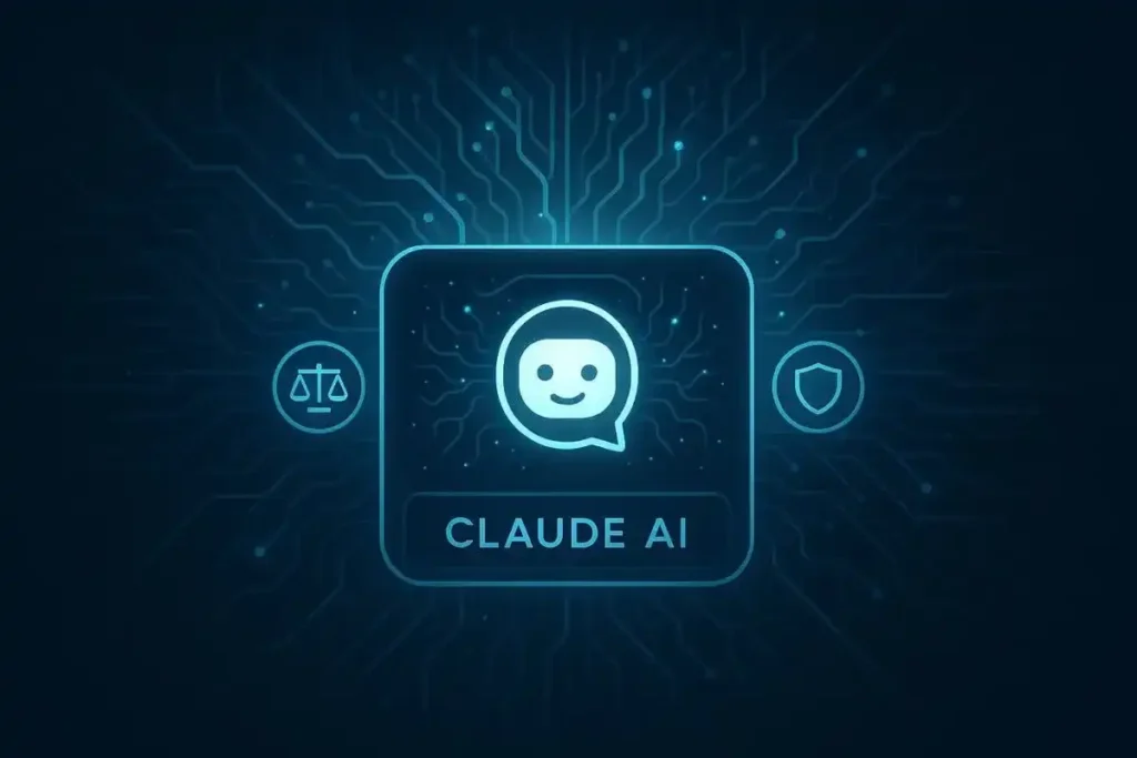 Futuristic digital interface of Claude AI showing neural network patterns and ethical AI symbols