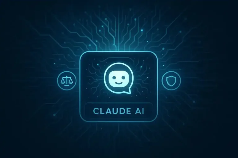 Futuristic digital interface of Claude AI showing neural network patterns and ethical AI symbols