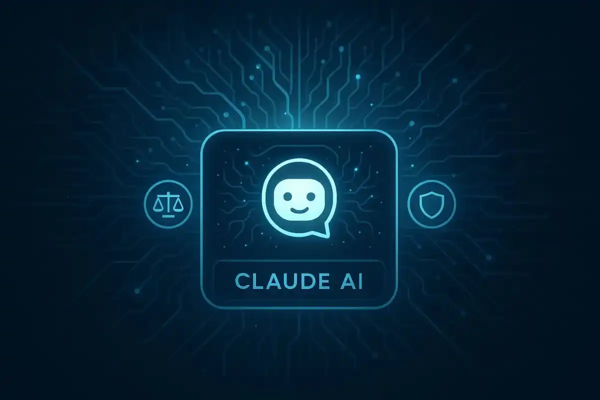 Futuristic digital interface of Claude AI showing neural network patterns and ethical AI symbols