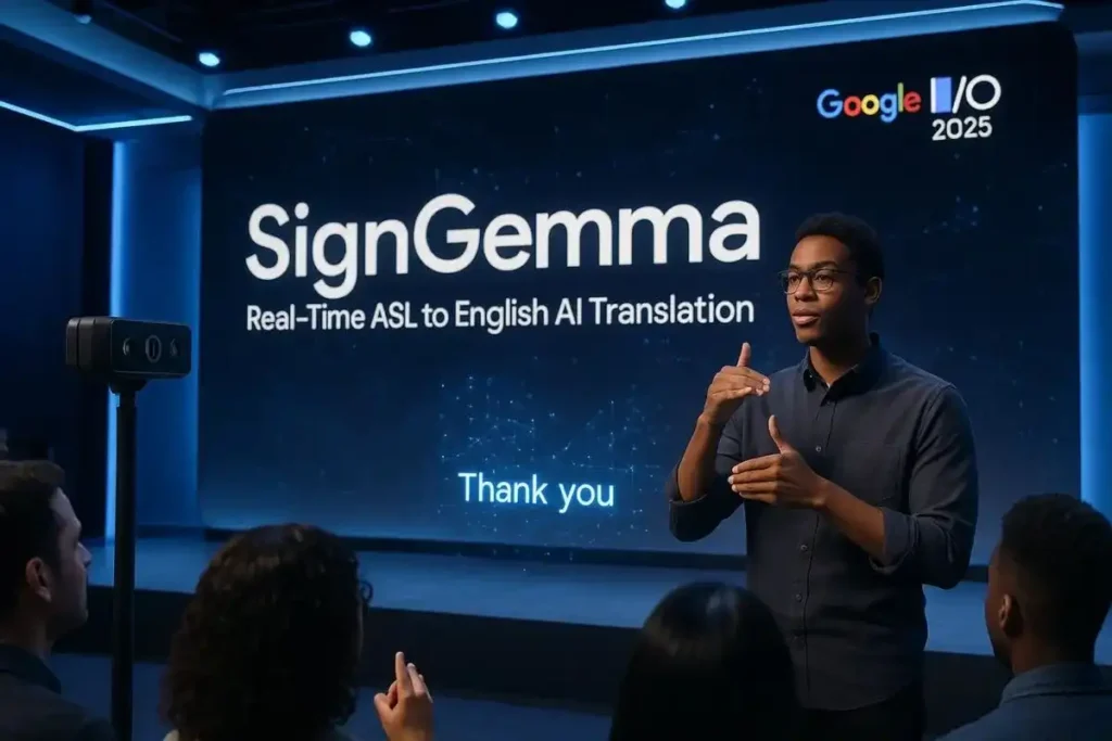 A user interacting with Google’s SignGemma tool using American Sign Language, while real-time English translation appears on a digital screen in a modern tech environment.