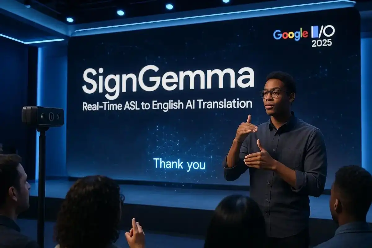 A user interacting with Google’s SignGemma tool using American Sign Language, while real-time English translation appears on a digital screen in a modern tech environment.