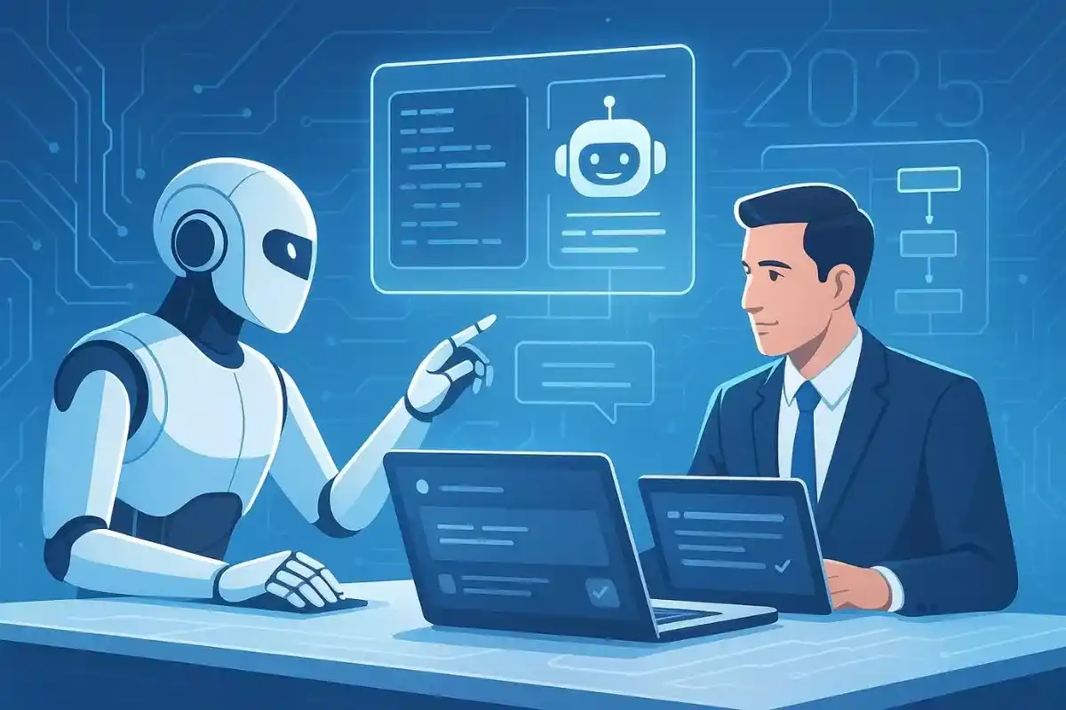 Futuristic AI agent development concept showing human and artificial intelligence collaboration on digital automation systems in 2025.